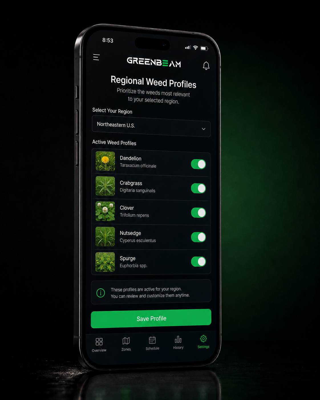 GreenBeam App regional weed profile selection