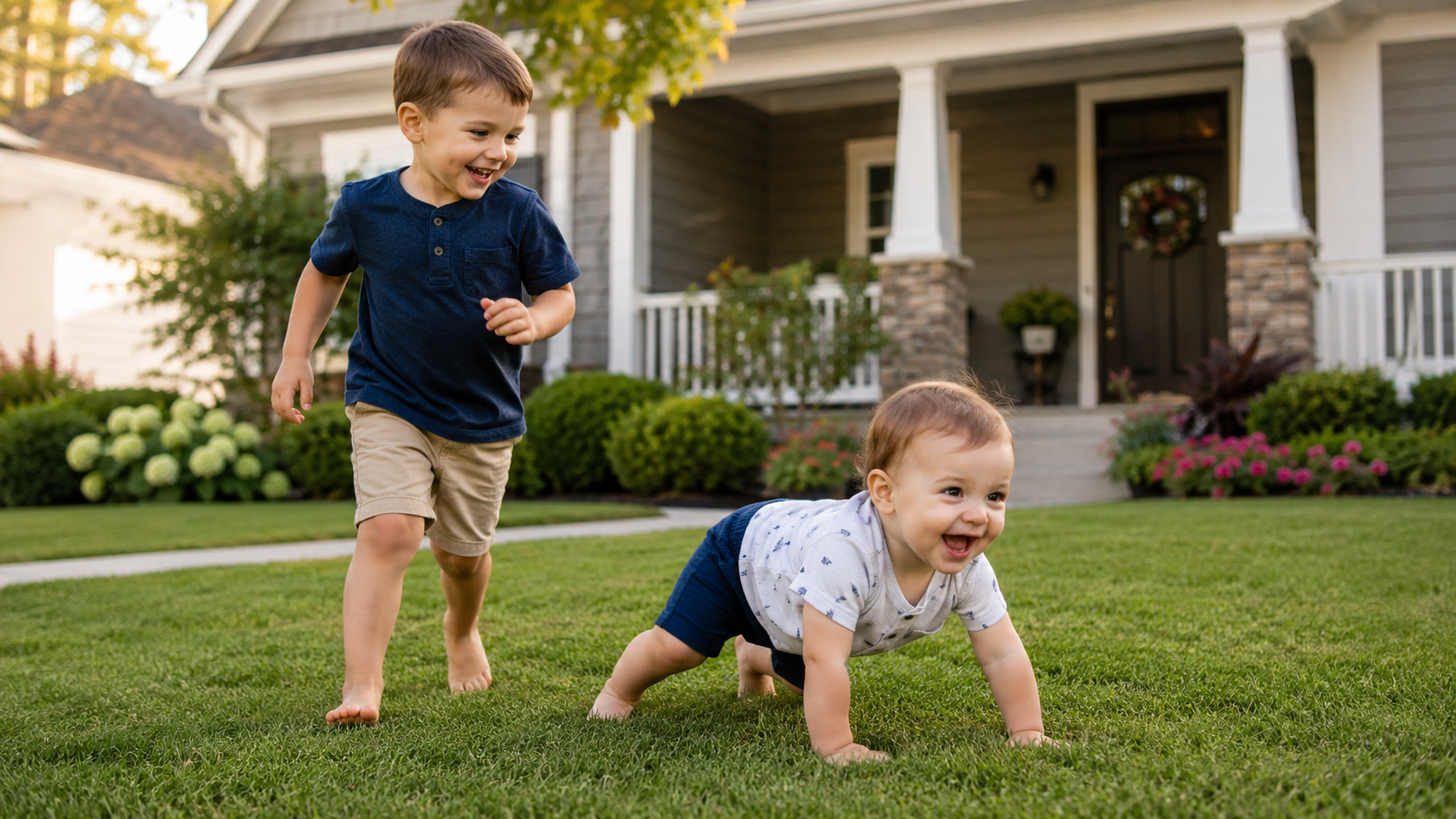 Children playing safely in a front yard