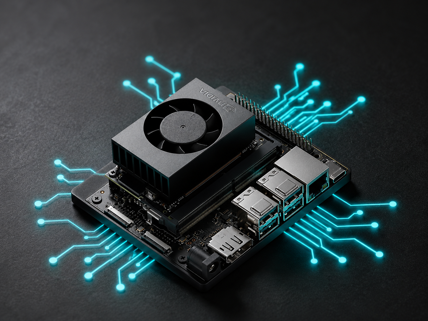 NVIDIA Jetson Orin Nano module with Photon Cyan data connection lines.