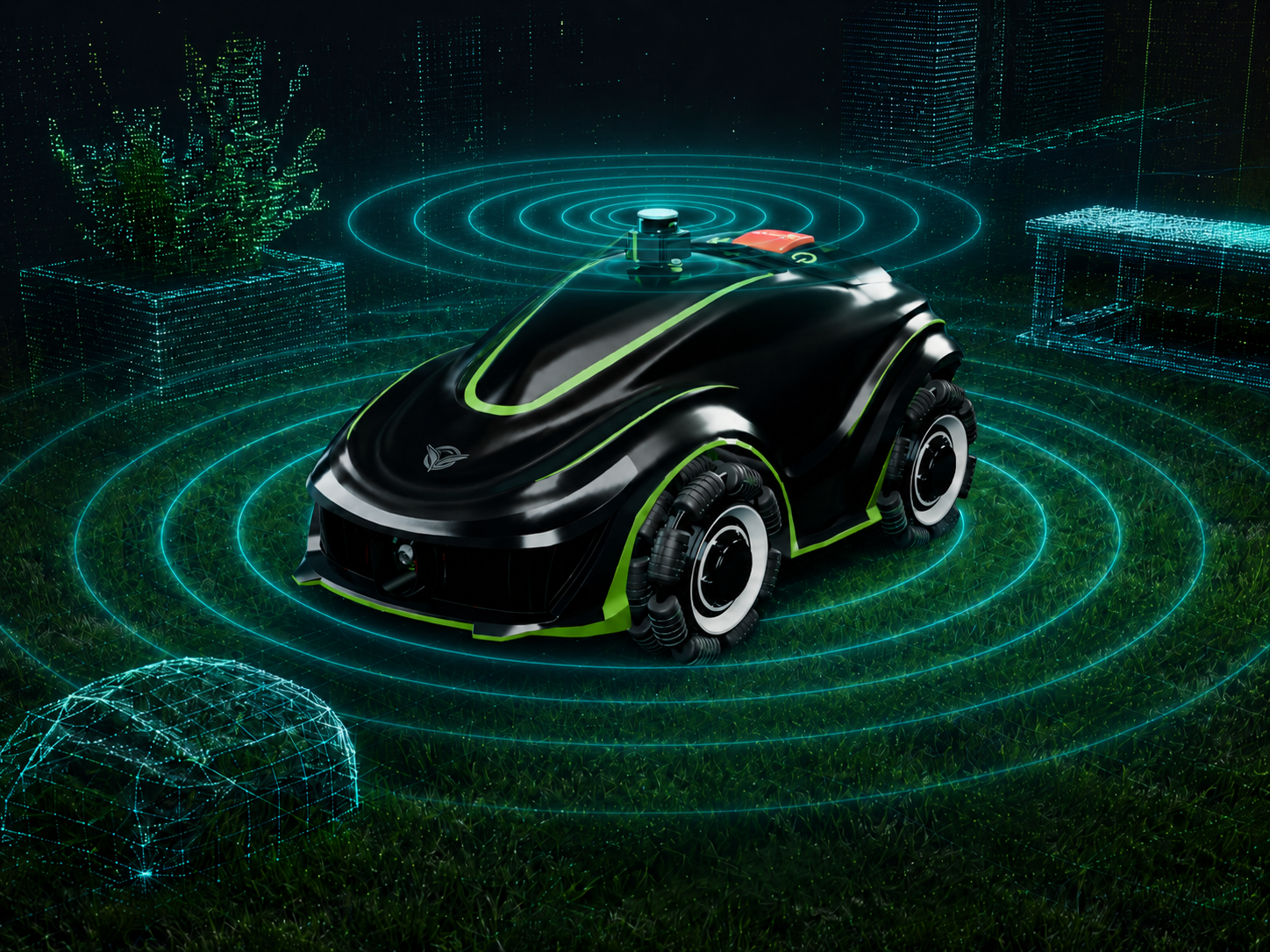 [ANIMATION — LiDAR point cloud of GreenBeam approaching a garden bed edge]