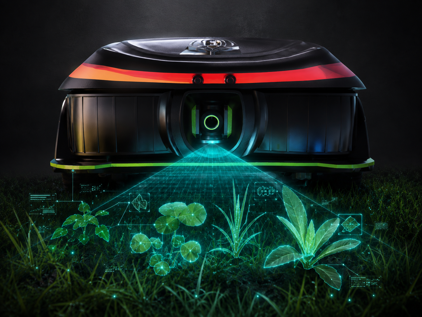 GreenBeam camera scanning lawn plants with Photon Cyan AI detection overlays.