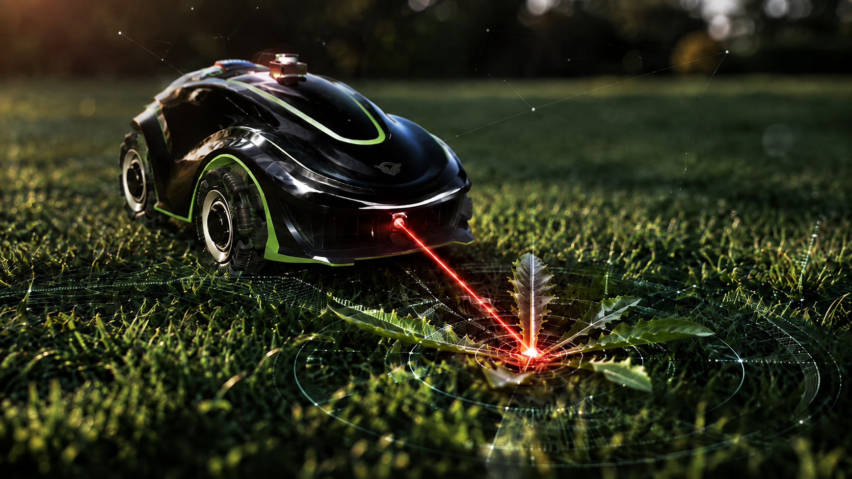 GreenBeam Target Lock — Photon Cyan detection overlay contracts to Beam Green circular target lock labeled TARGET CONFIRMED on a dandelion growth point / meristem.