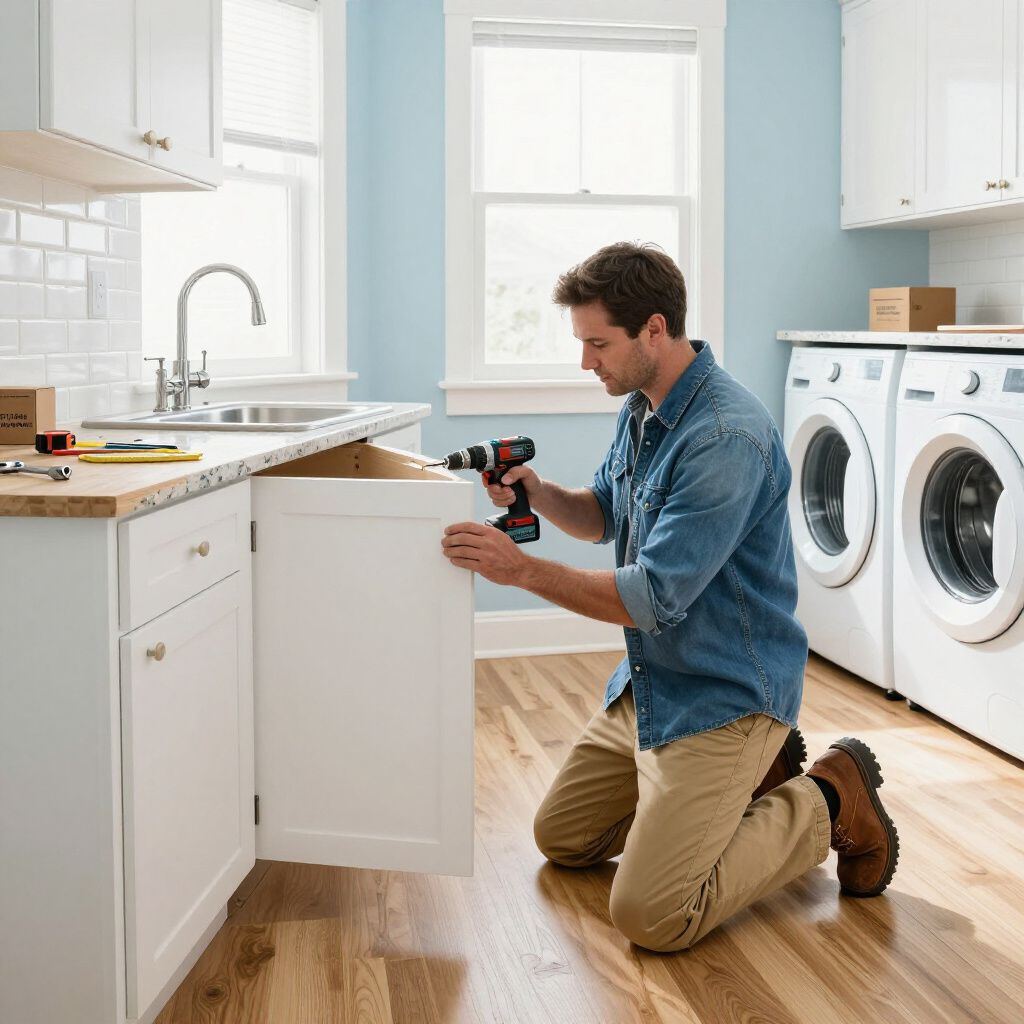 Man using drill on white cabinet door in a light blue kitchen, near a sink and washing machines.