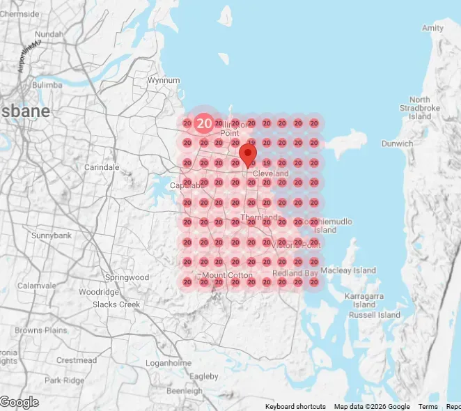Map of Brisbane, Australia, with a grid highlighting an area around a point labeled
