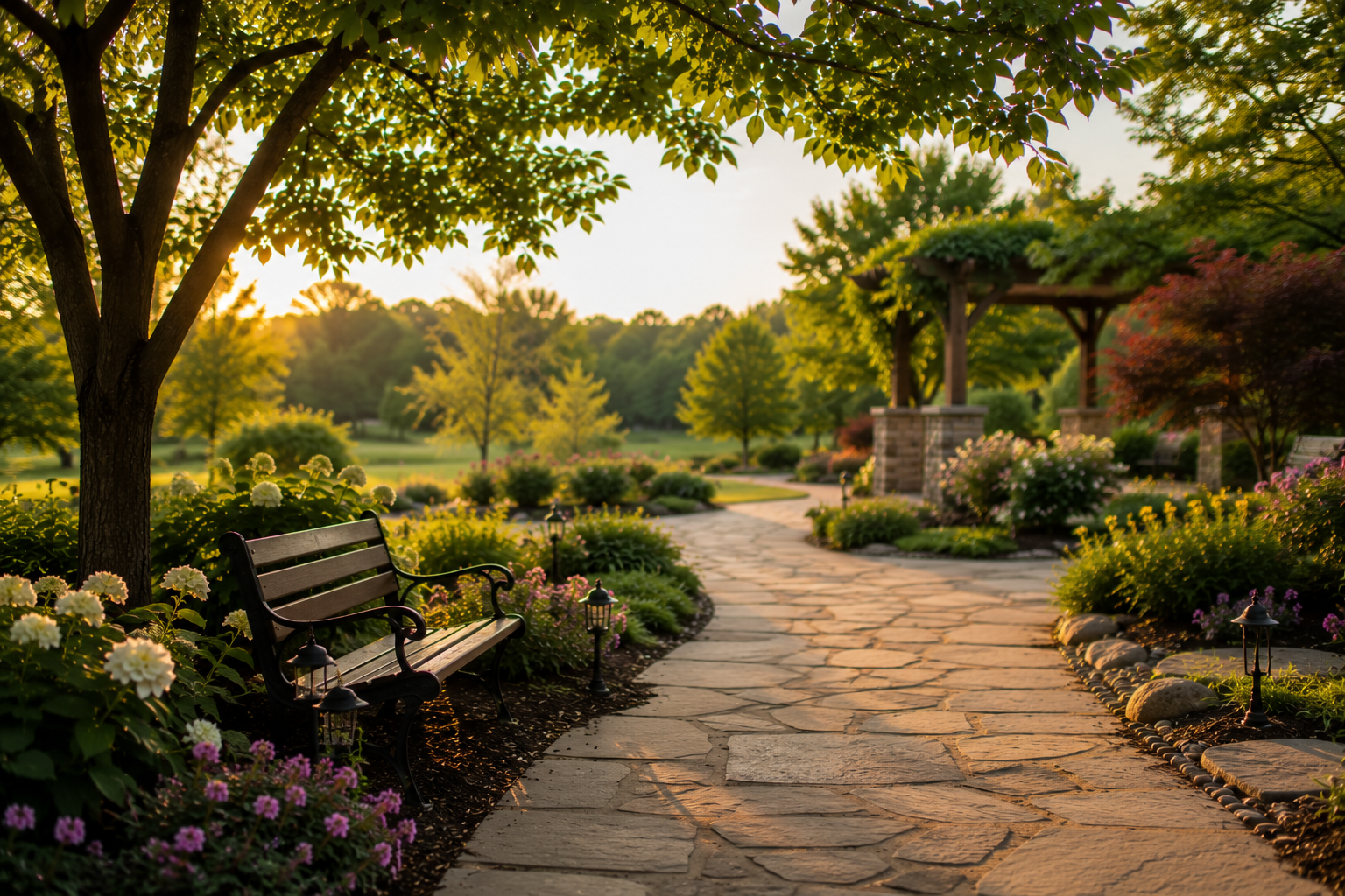Peaceful memorial garden with bench, stone path, and gazebo at sunset in Saltillo, MS.