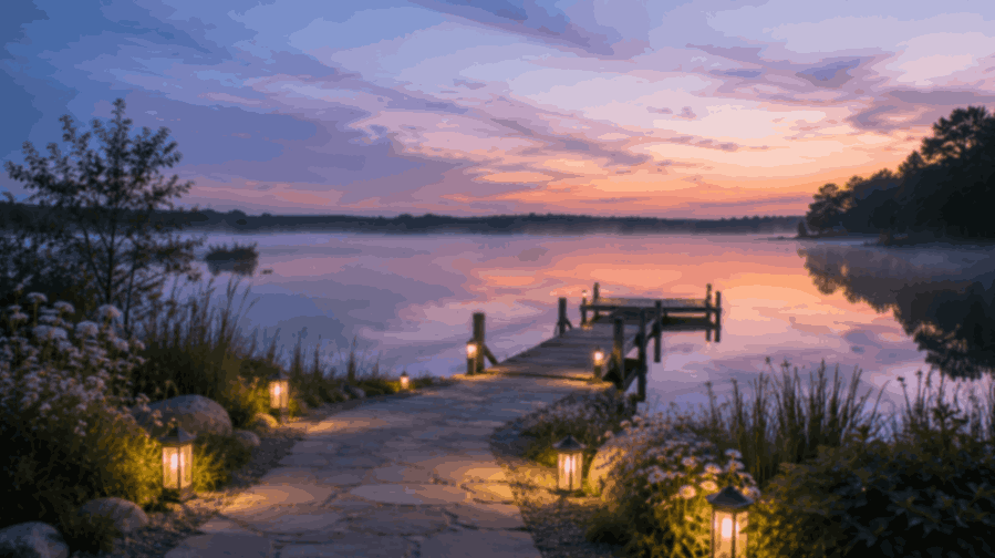 Lantern-lit path leading to a quiet lakeside dock at sunset near Saltillo, MS