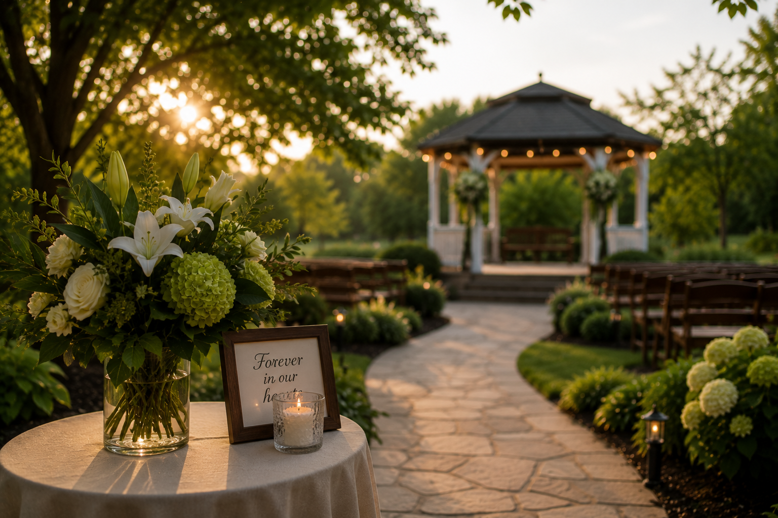 Memorial gazebo with floral tribute and candle at sunset for cremation services in Tupelo, MS.