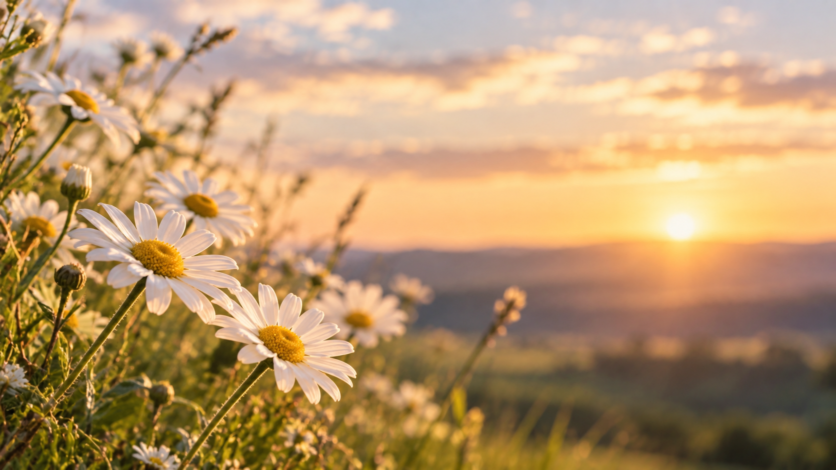 White daisies blooming in warm sunset light for funeral services in Tupelo, MS.