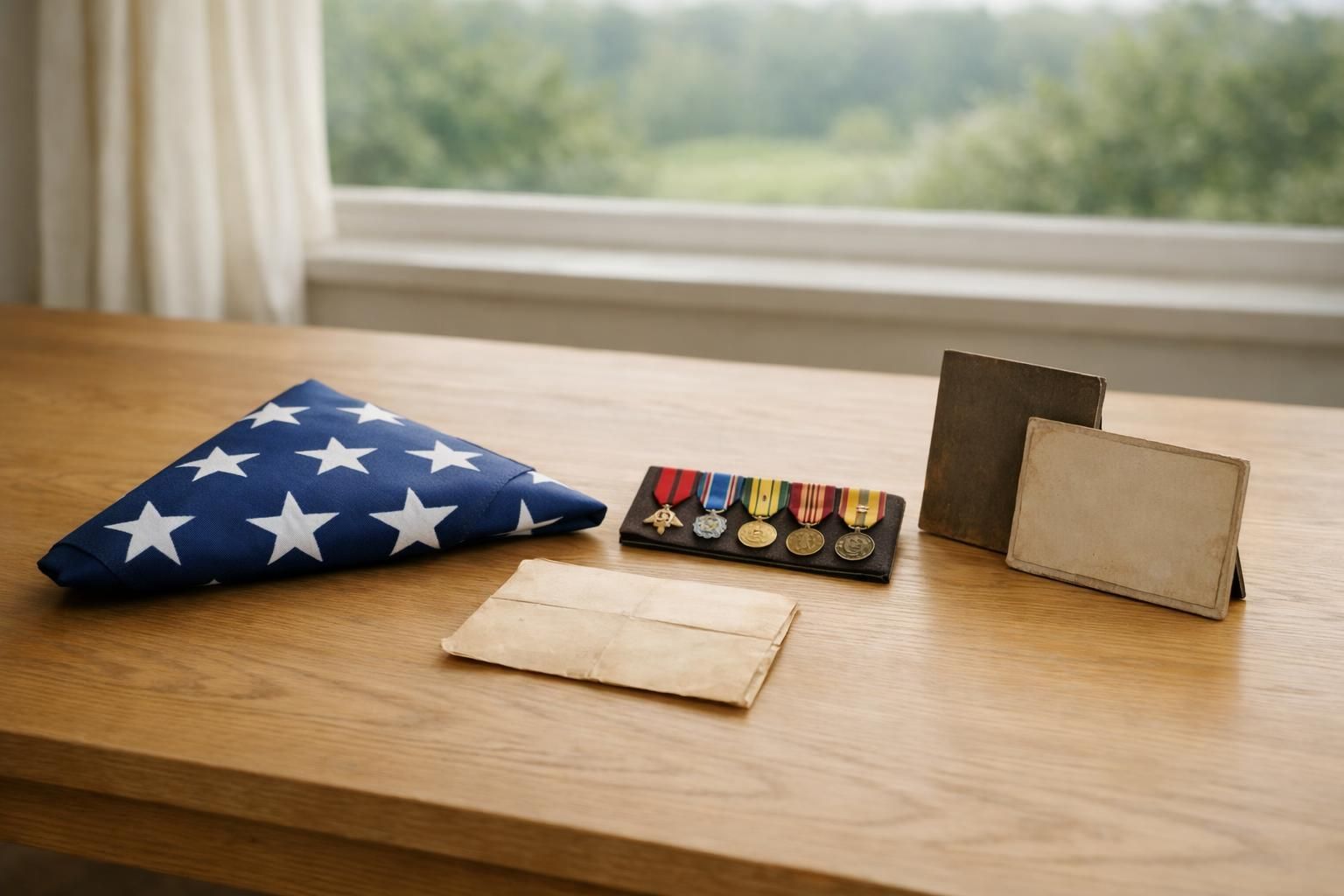 Folded American flag and a private family keepsake display beside a softly lit window.