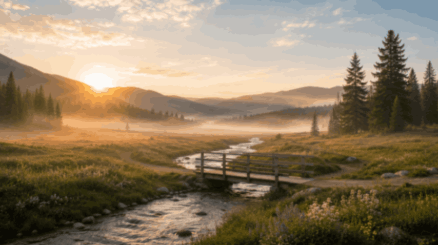 Peaceful mountain valley with winding stream and wooden bridge at sunrise near Saltillo, MS
