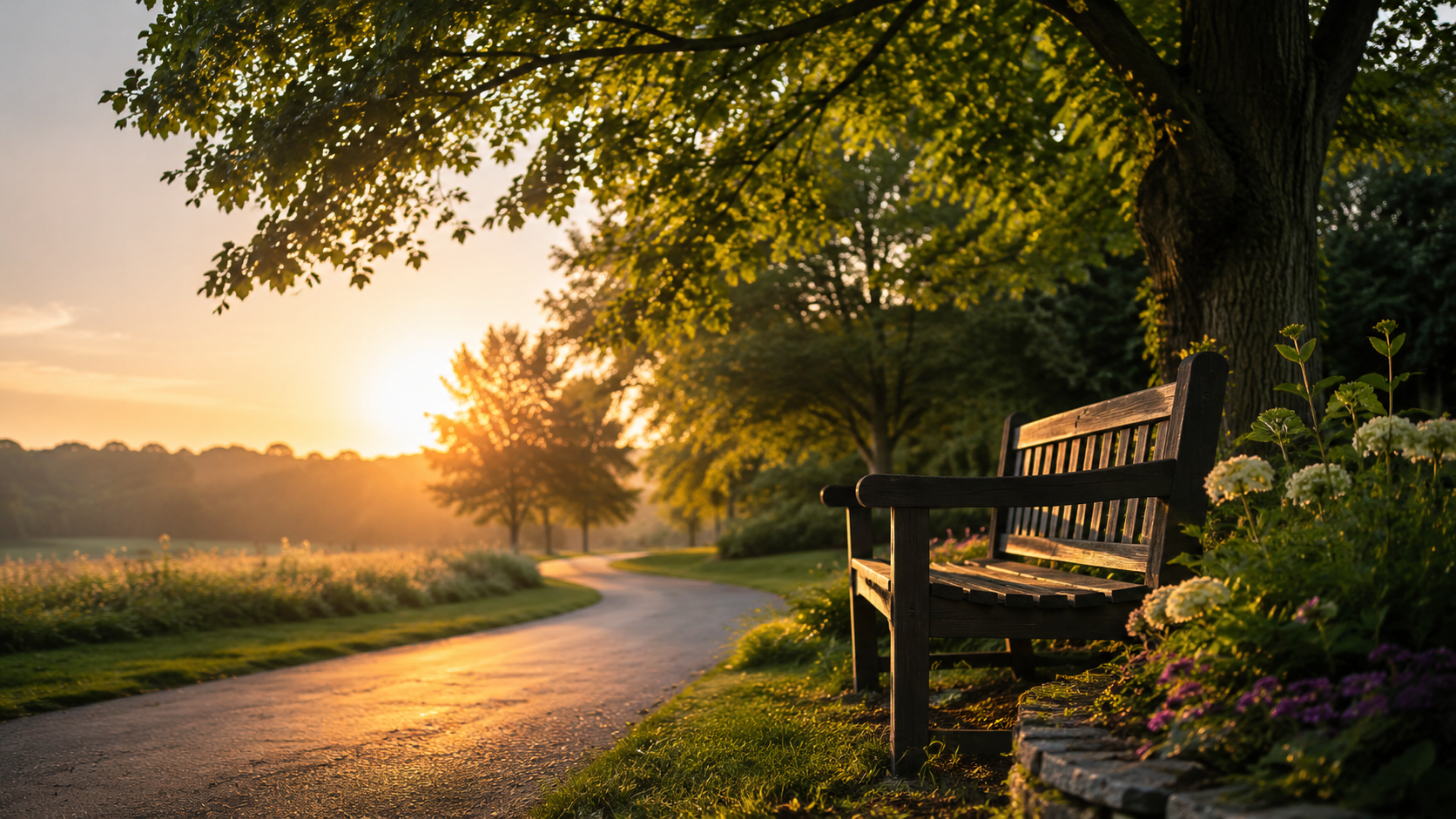 Peaceful park bench along a tree-lined path, comforting setting of funeral homes in Tupelo, MS.