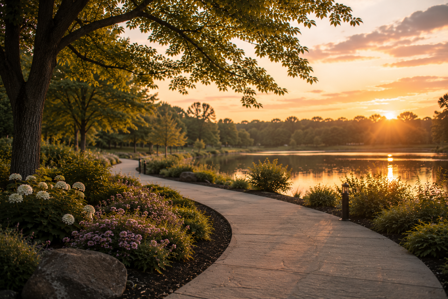 Peaceful lakeside memorial path at sunset with blooming gardens in Tupelo, MS.
