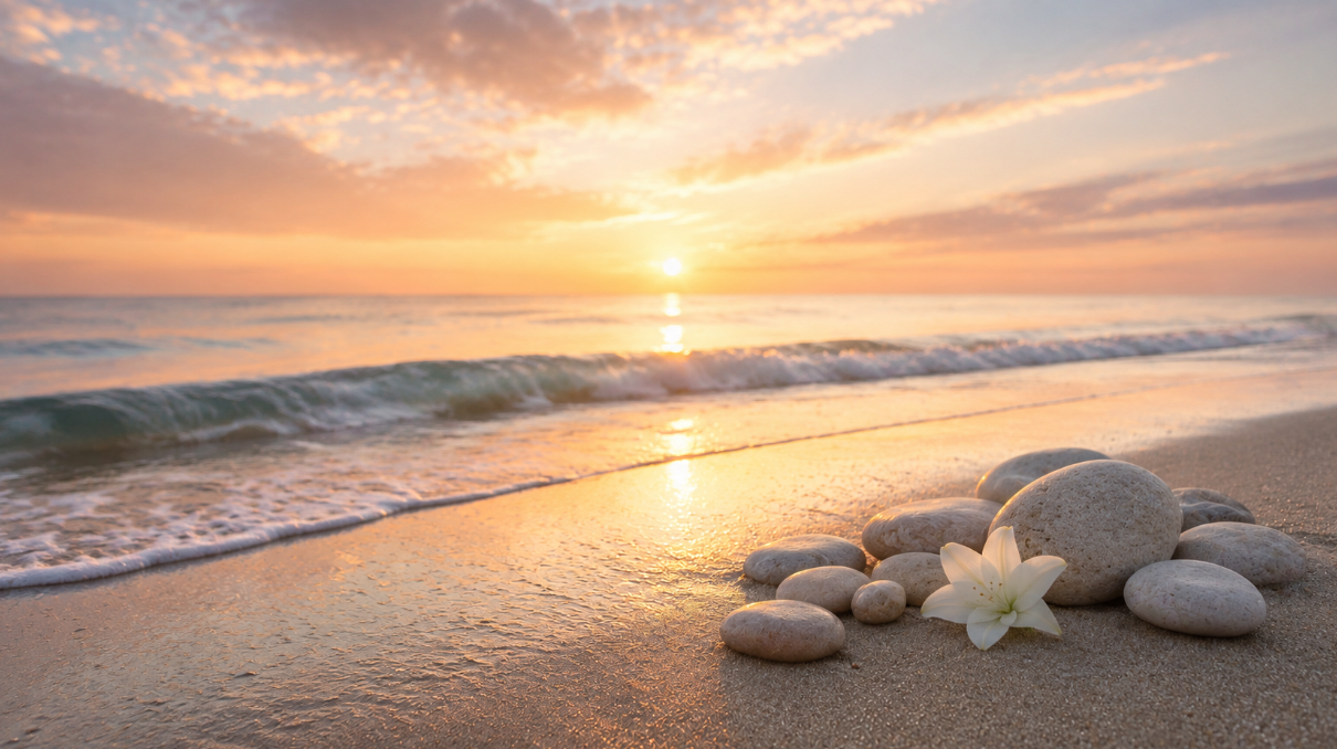 Peaceful beach at sunrise with gentle waves, smooth stones, and white flower, funeral homes Tupelo,