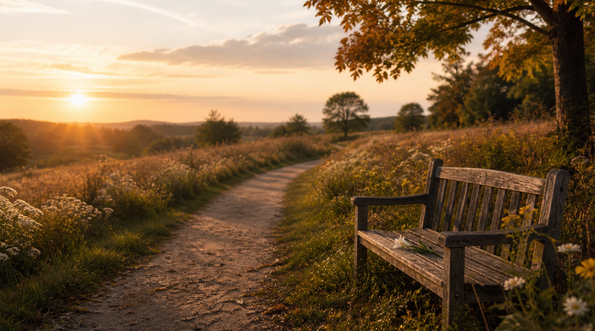 Peaceful countryside path at sunset with wooden bench and wildflowers, funeral services Saltillo, MS