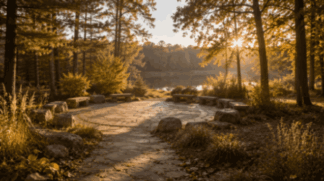 Sunlit woodland path with stone seating area beside a peaceful lake near Saltillo, MS