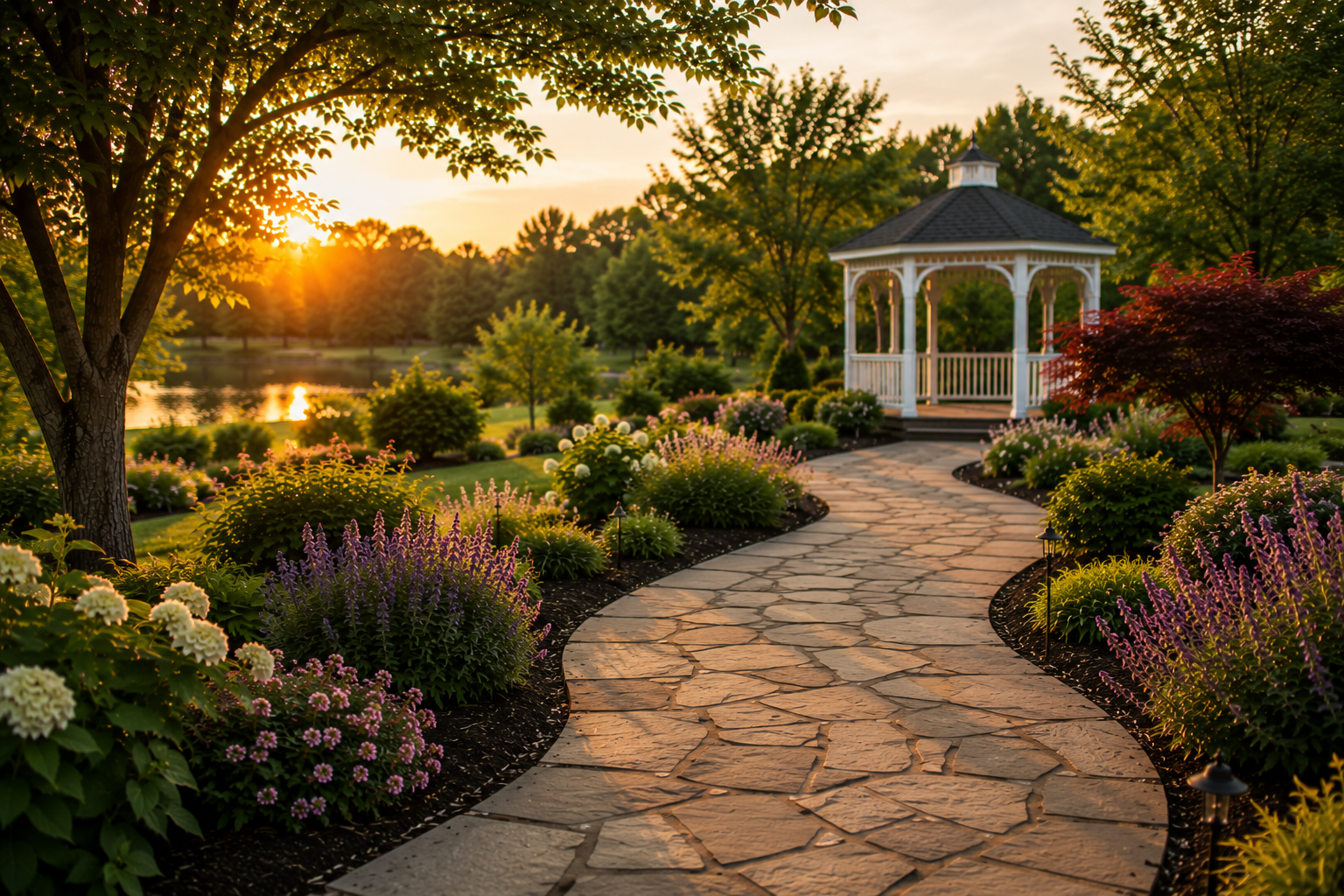 Peaceful memorial garden with gazebo, and blooming flowers at sunset in Saltillo, MS.