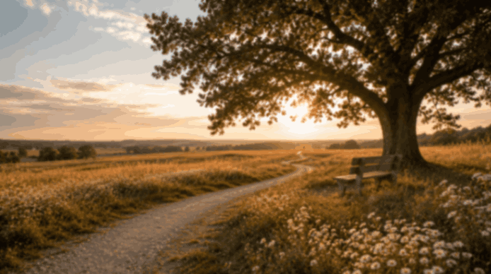 Sunlit country path beside a large oak tree and bench in a peaceful meadow, Tupelo, MS
