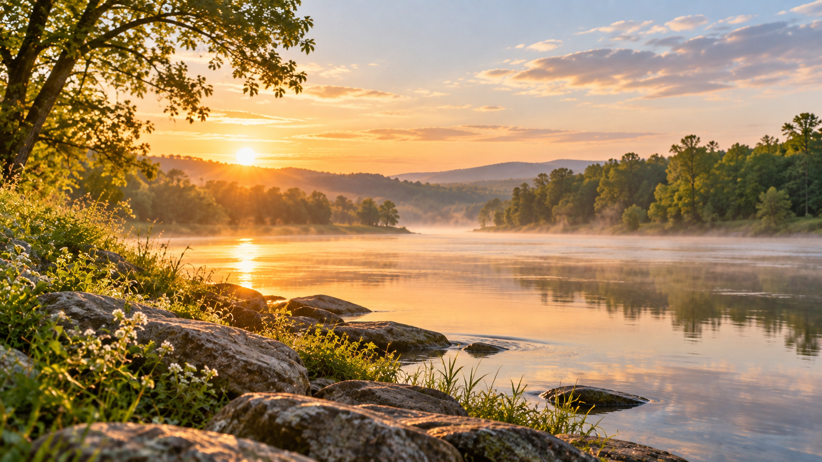 Misty lake at sunrise surrounded by wooded hills near cremation services in Tupelo, MS.