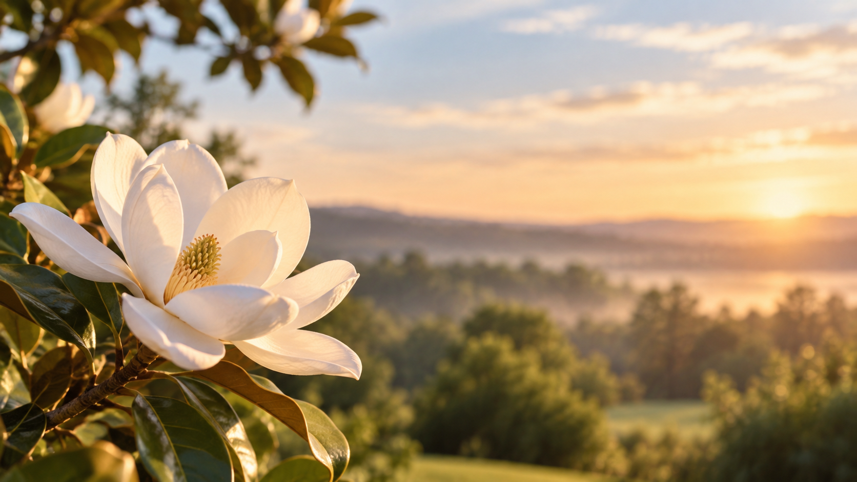 White magnolia flower at sunset near funeral homes in Tupelo, MS.