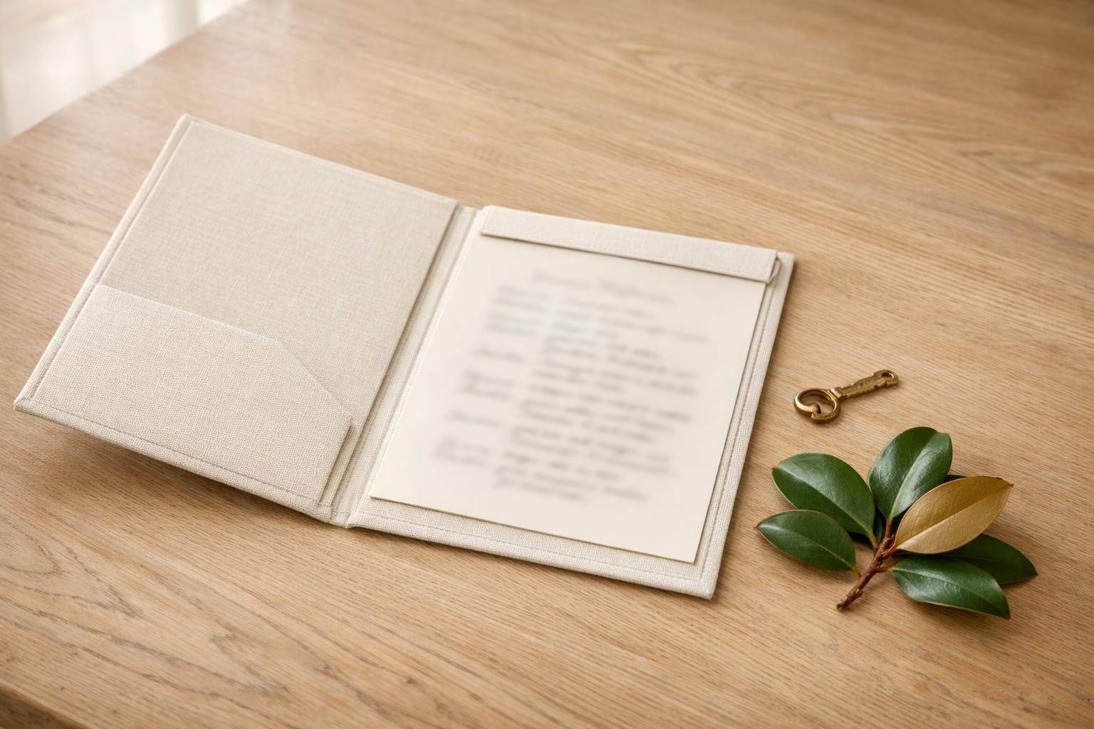 Cream linen folder with pre-planning document on a sunlit wooden table.