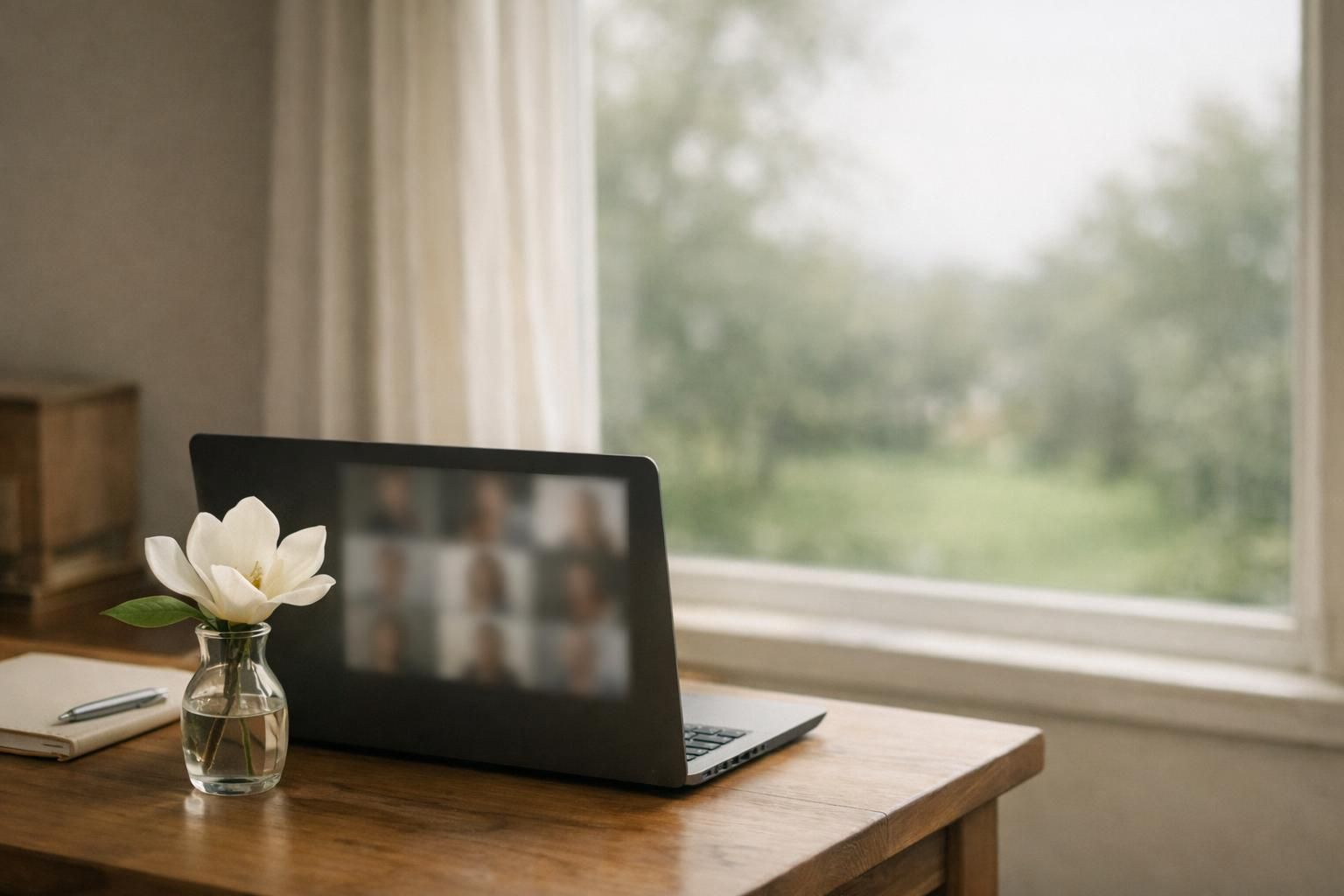 Open laptop beside a softly lit window, suggesting a private virtual family planning call.