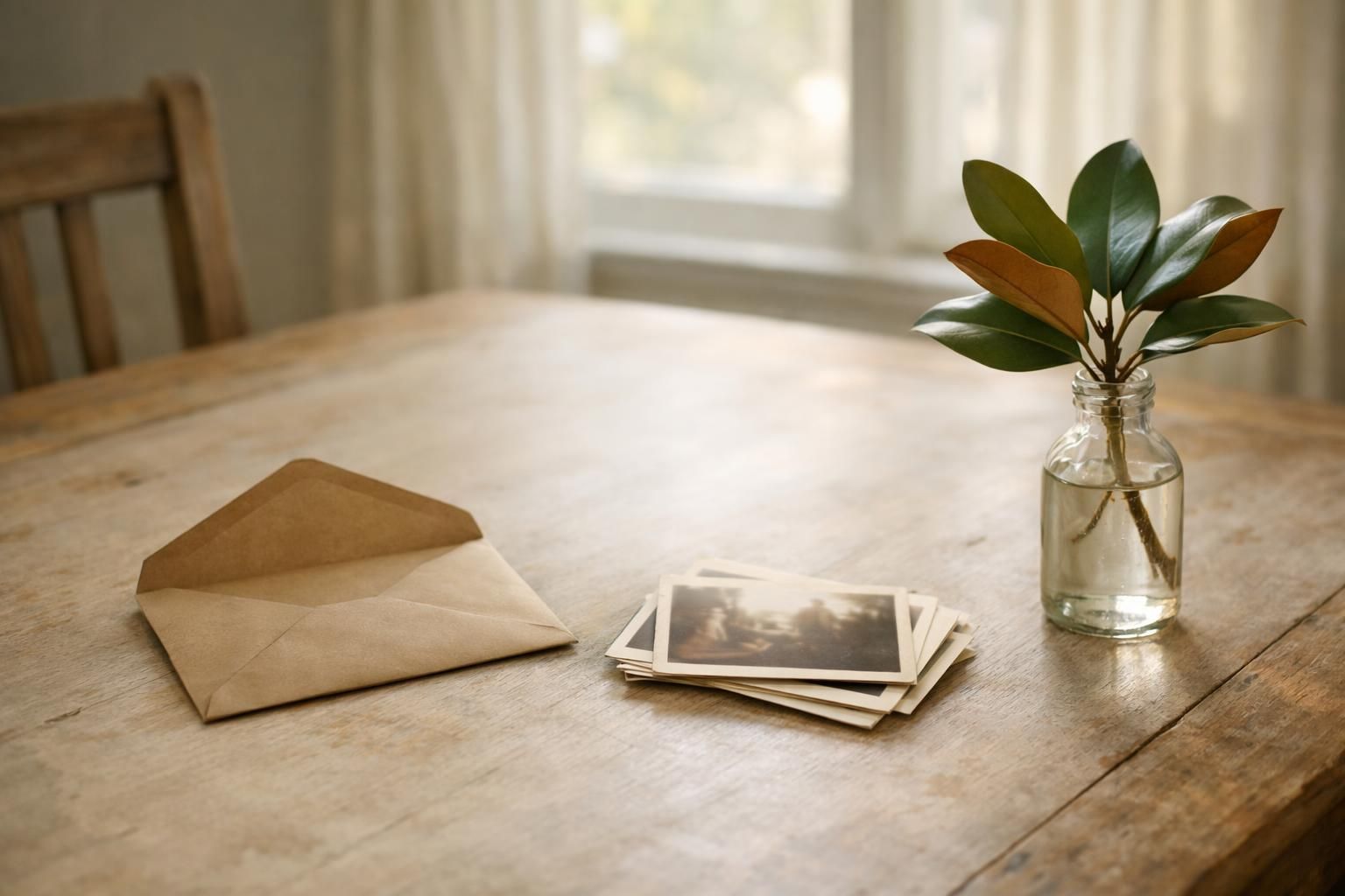 Sunlit family table with unmarked photographs prepared for a personal remembrance.