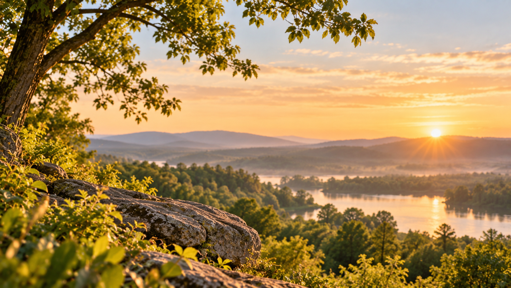 Sunset over wooded hills and a peaceful lake near funeral homes in Saltillo, MS.