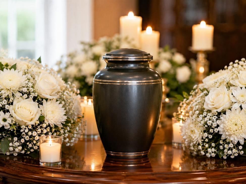 Urn with flowers, funeral home and cremations Tupelo, MS