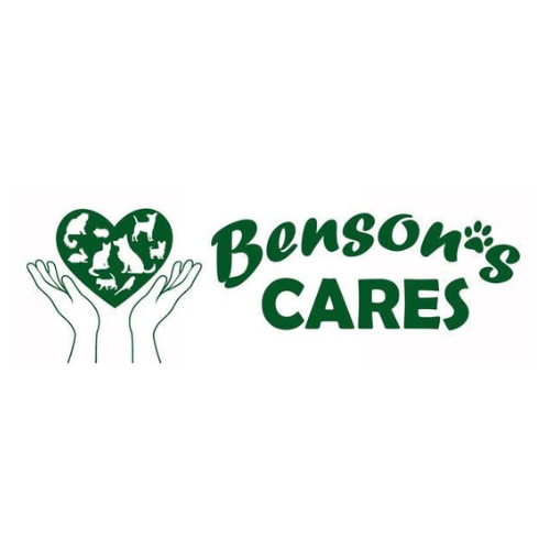 The logo for benson 's cares shows two hands holding a heart with dogs on it.