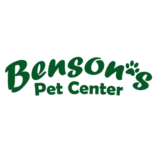 The logo for benson 's pet center is green and has a paw print on it.