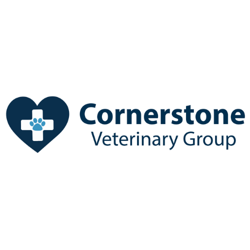 The cornerstone veterinary group logo has a heart with a paw print and a cross.