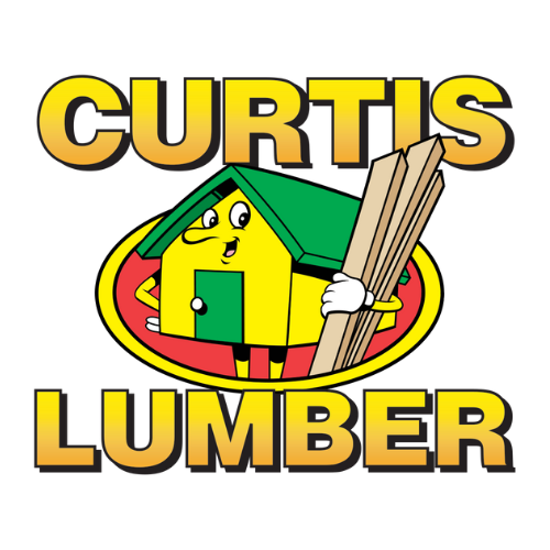 The logo for curtis lumber shows a house holding a pile of wood