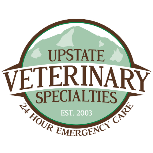 The logo for upstate veterinary specialties has a mountain in the background