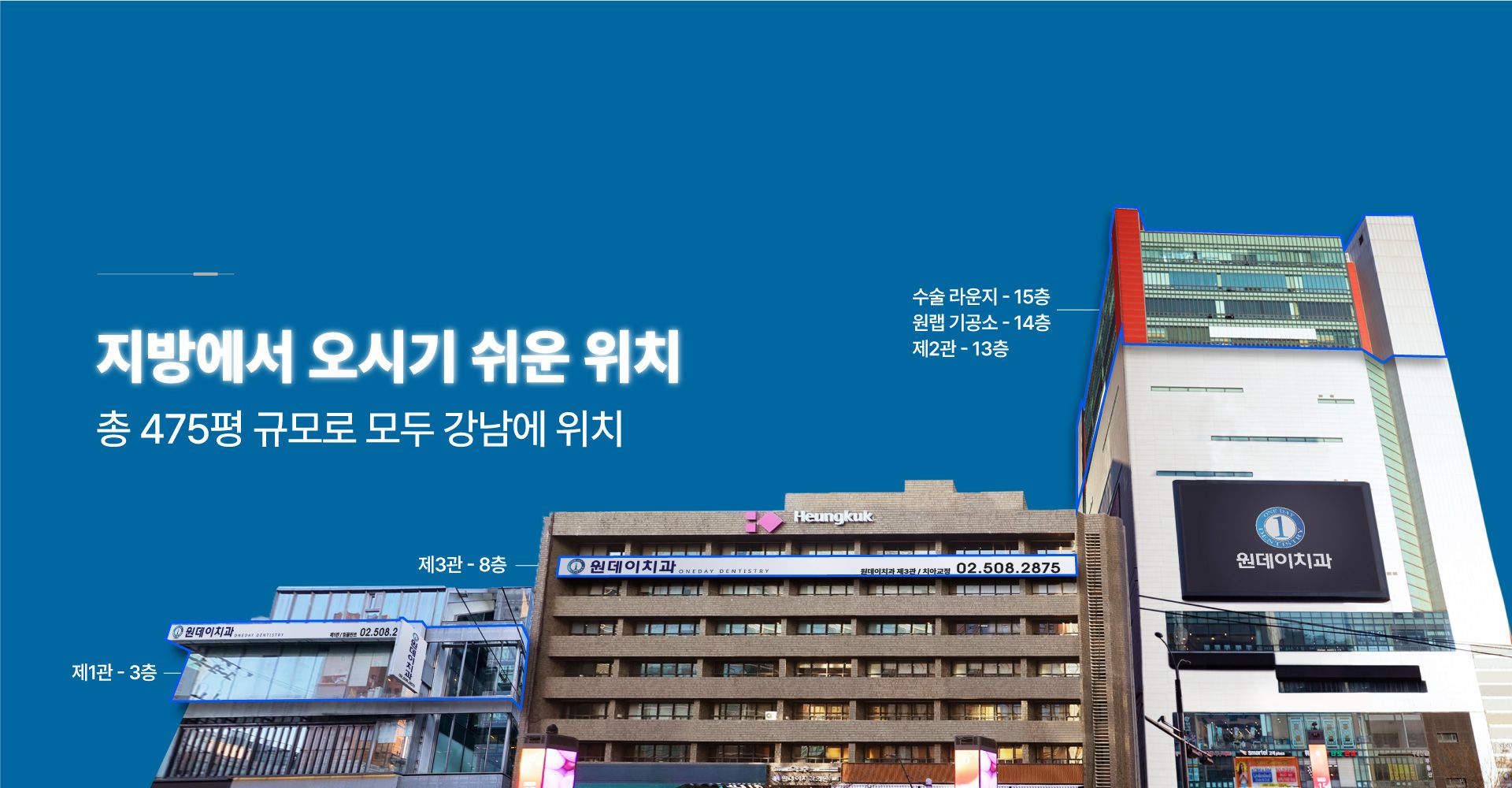 Oneday Dental Clinic buildings in Gangnam: Building 1 (3F), Building 3 Heungkuk Fire Insurance Building (8F) and Building 2 Startplex (13F, lab 14F, surgery lounge 15F)