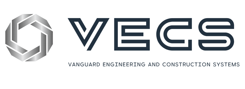 The VECS company logo features a metallic, geometric ring icon beside the text 