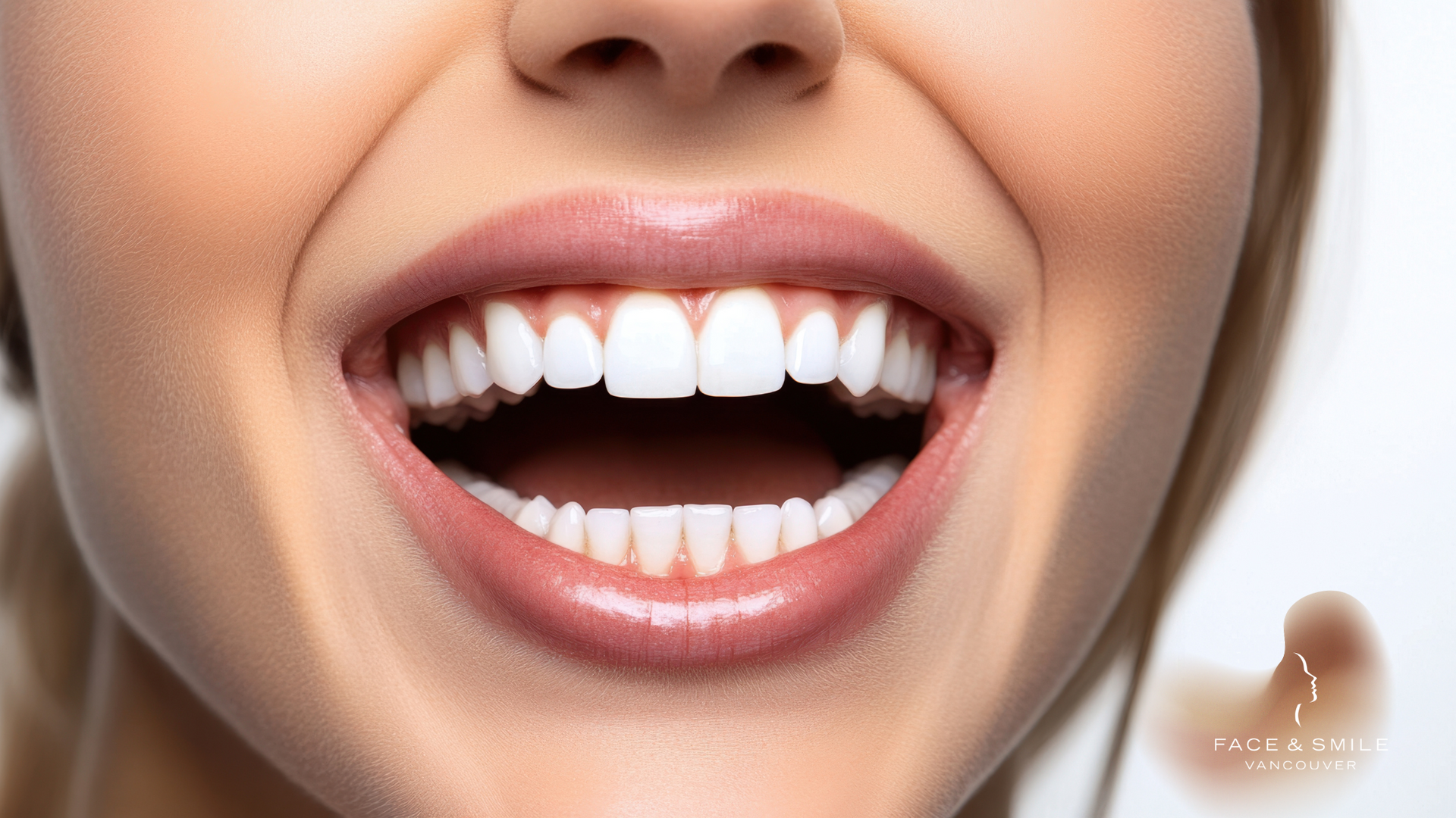 Close-up of a smiling mouth with white teeth and glossy lips