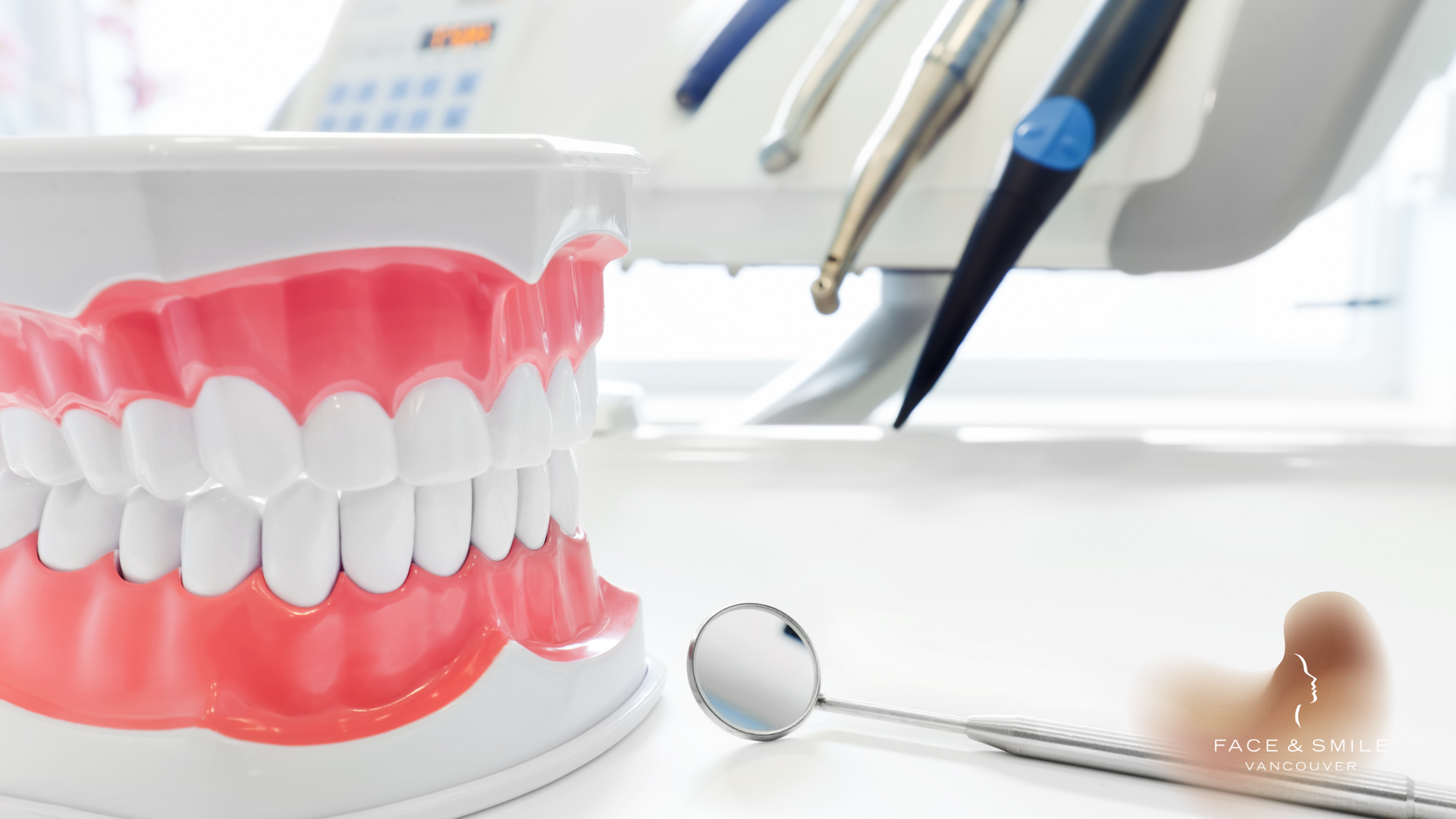 Dental model with pink gums and white teeth beside a dentist mirror and tools in a bright clinic.