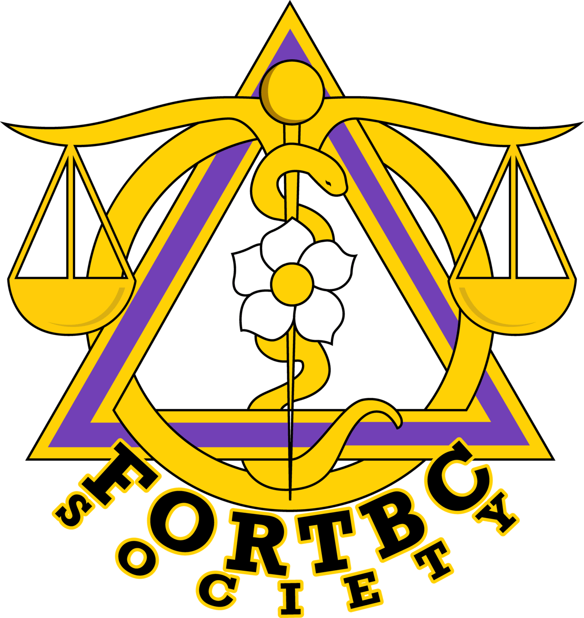 A yellow and purple logo for the shortboy society