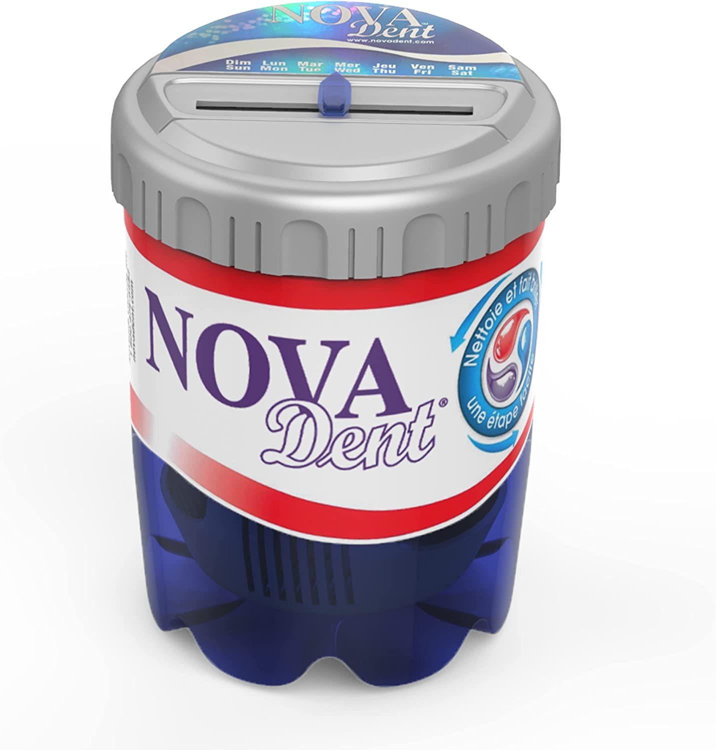 A can of nova dent with a silver lid