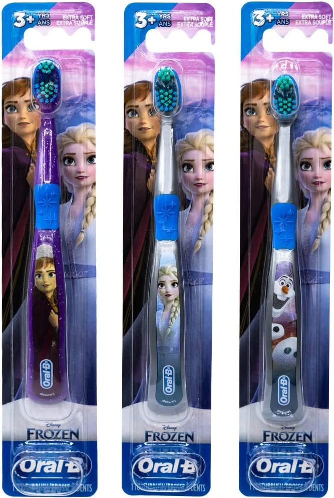 Three oral b toothbrushes with frozen characters on them.