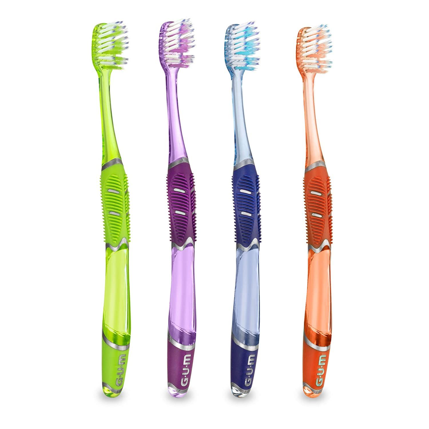 Four different colored toothbrushes are lined up next to each other on a white background.