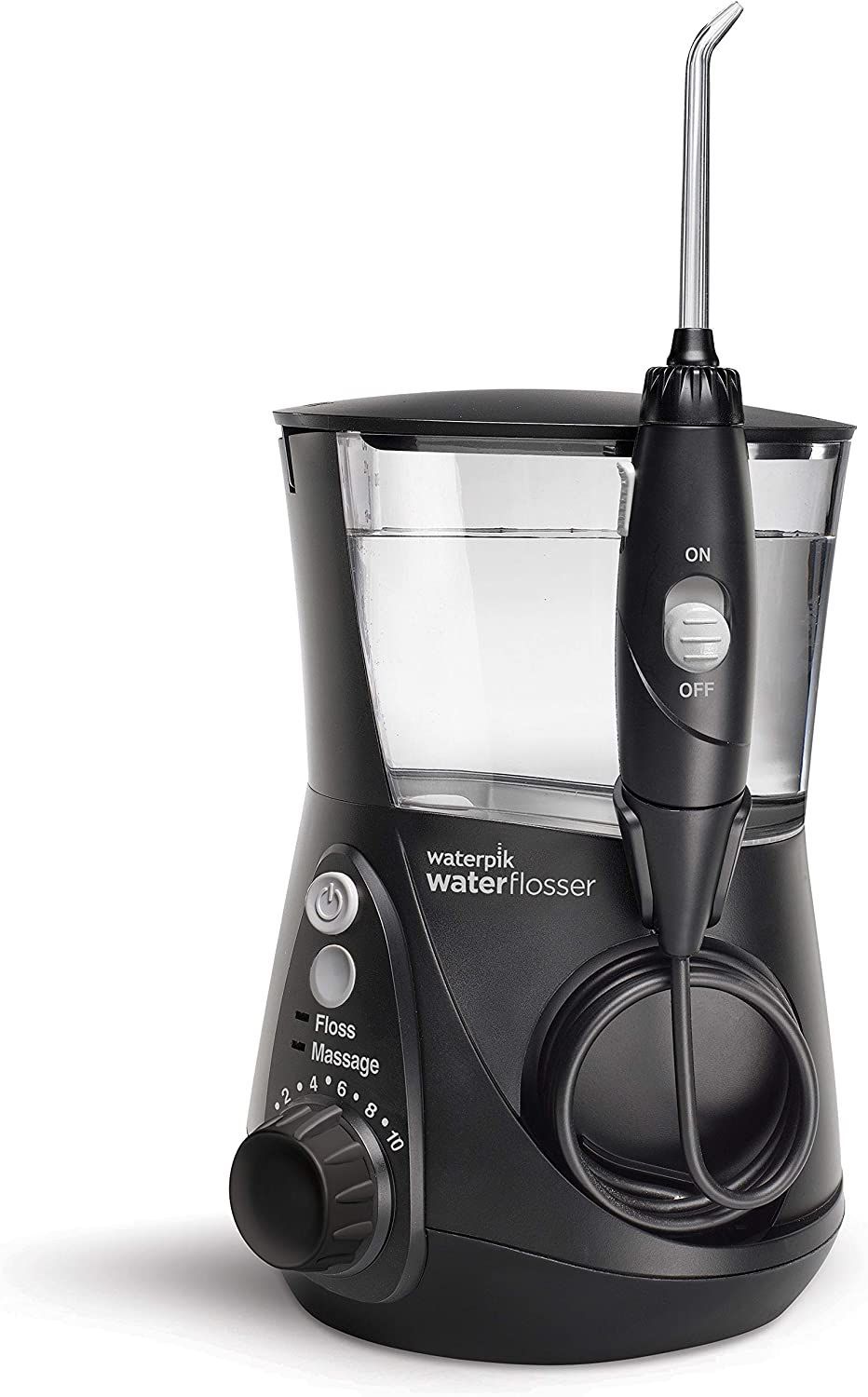 A black water flosser is sitting on a white surface.