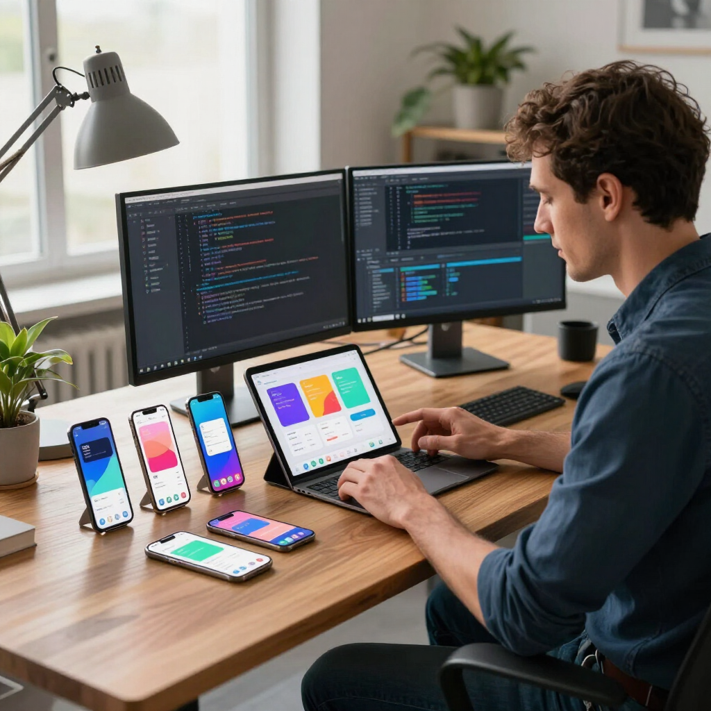 Developer coding at a desk with dual monitors and multiple mobile device mockups on the table