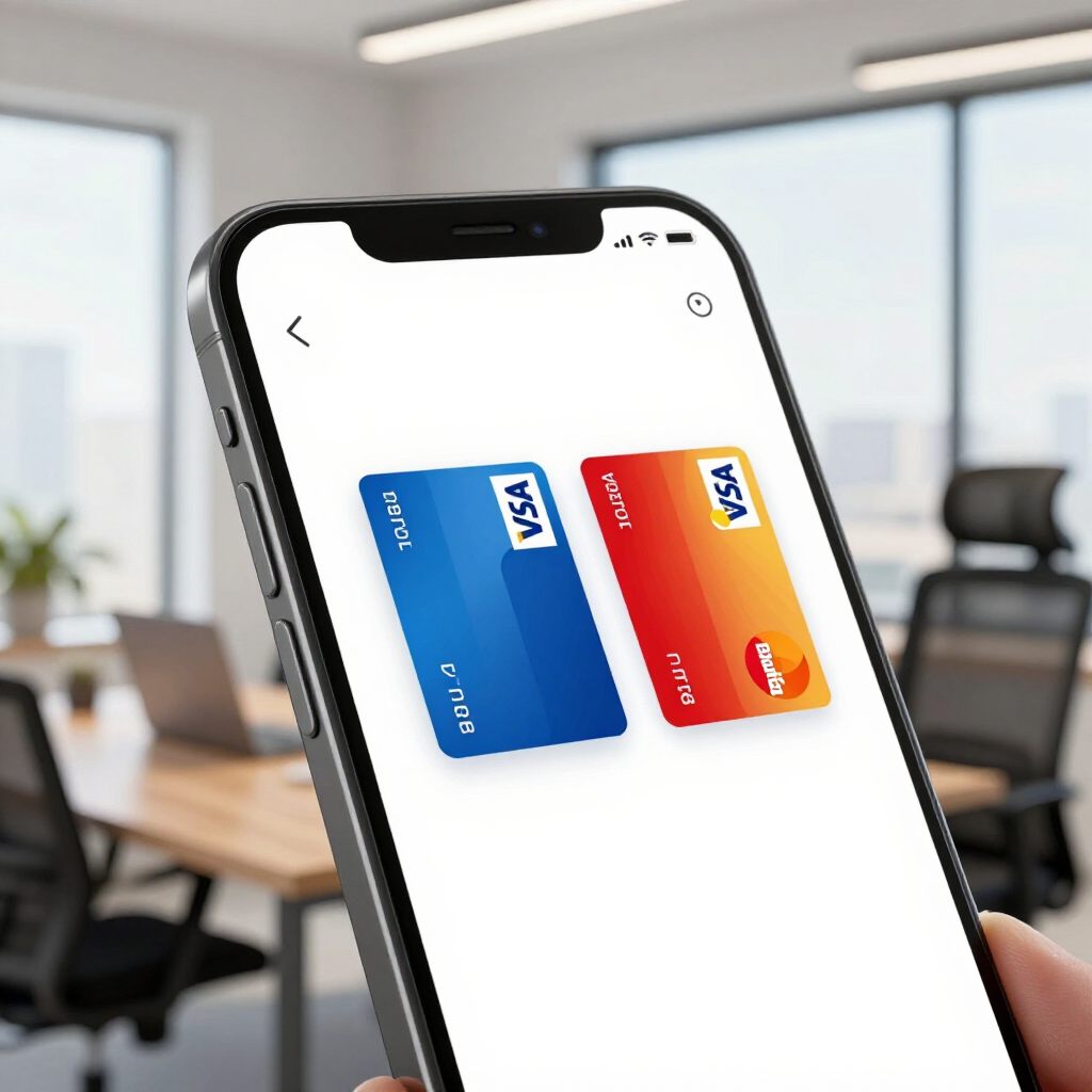 Smartphone displaying two colorful credit cards in a banking app