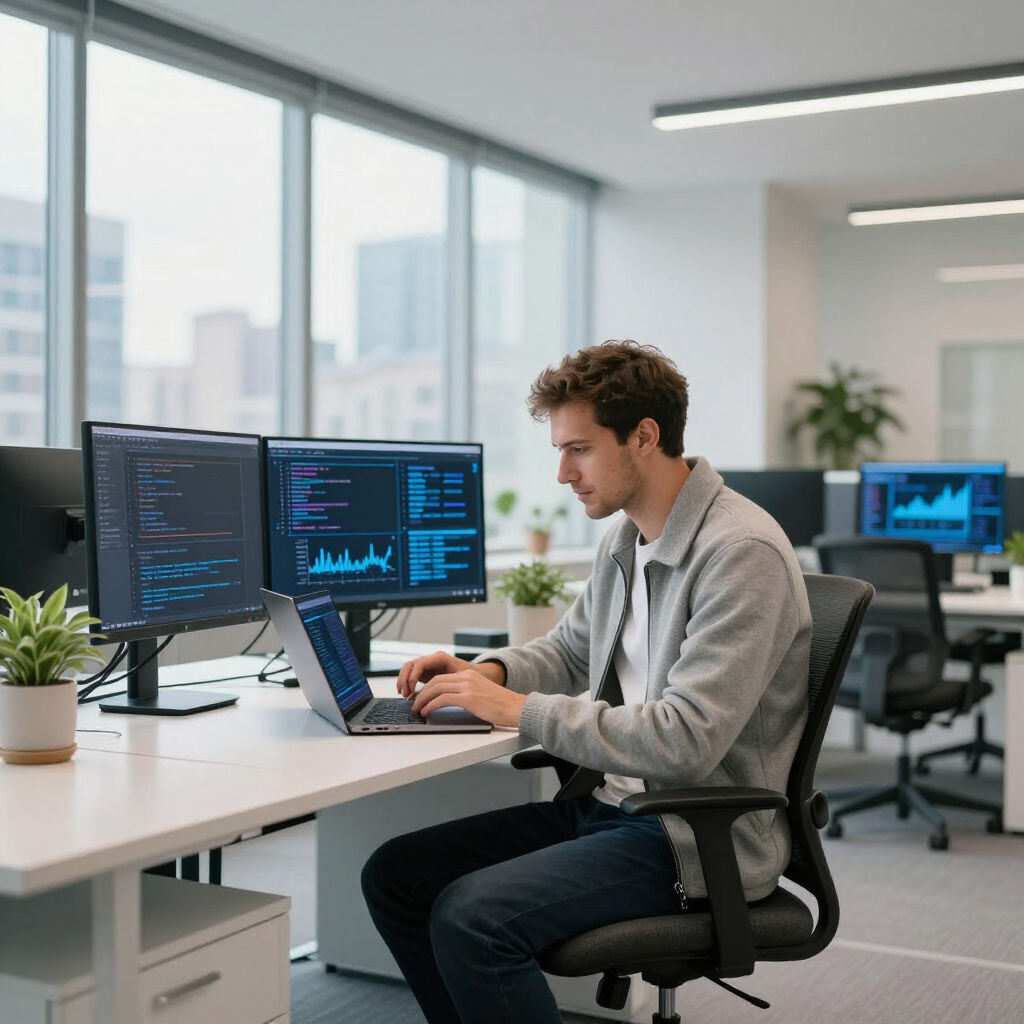 Developer working on a laptop in a bright modern office with multiple monitors displaying code
