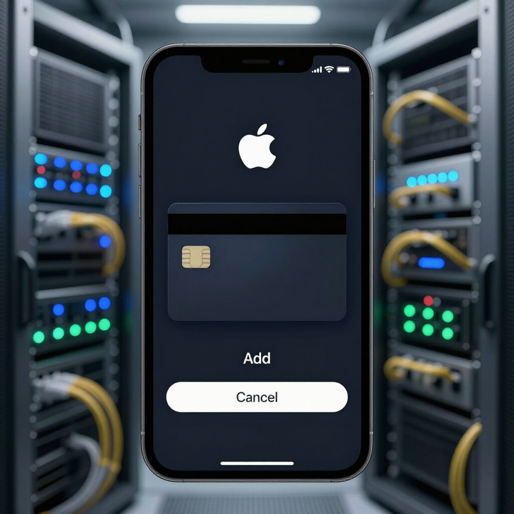 IPhone wallet add card screen in a server room, with white Apple logo and Cancel button