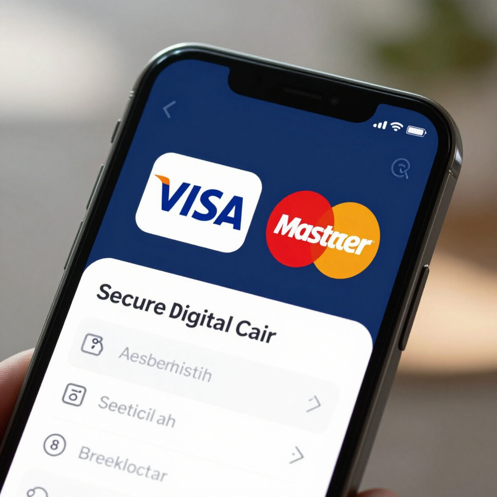 Smartphone showing a Secure Digital Card app with Visa and Mastercard logos on a blue screen