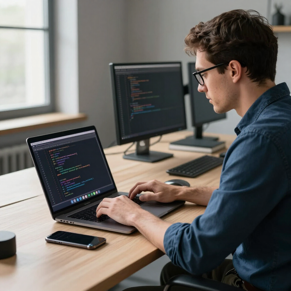 Person coding on a laptop at a desk with a monitor and smartphone in a bright office