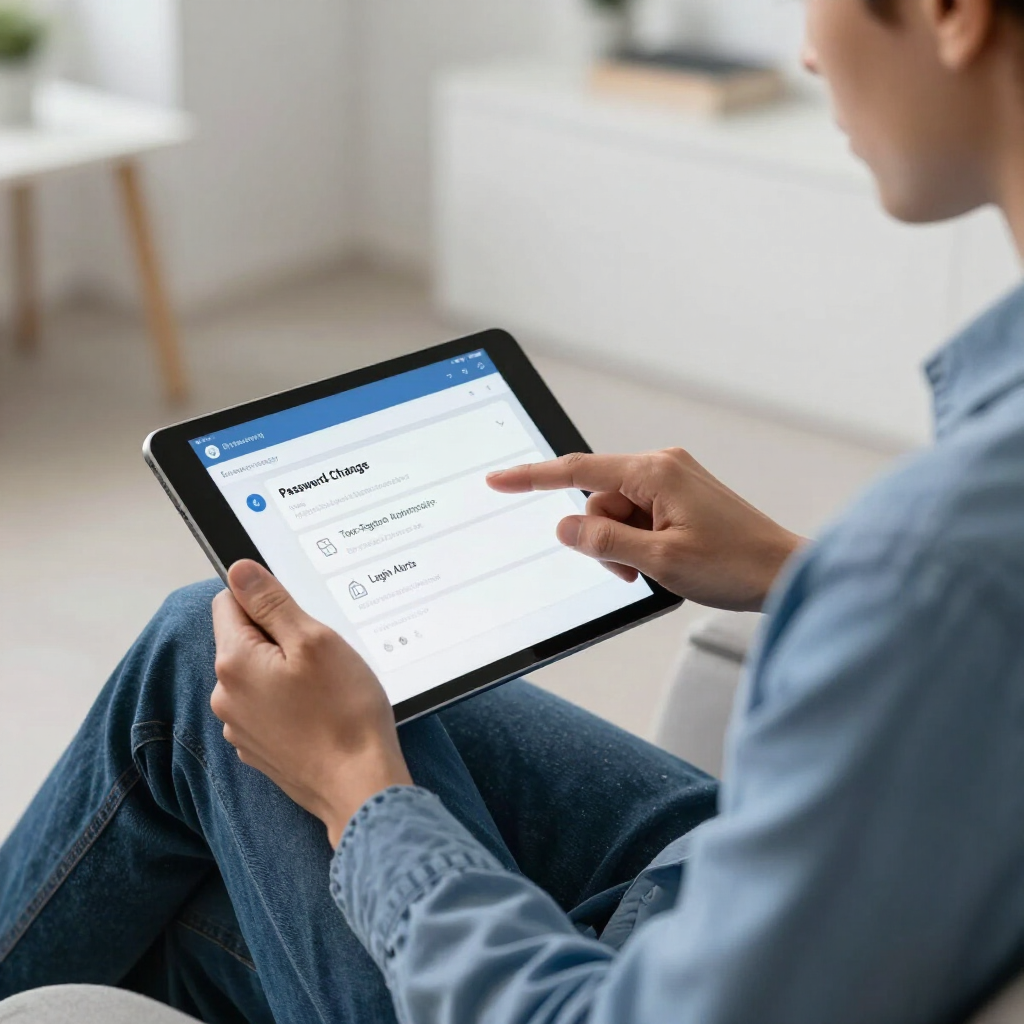 Person using a tablet with a checklist-style app on screen while sitting on a couch