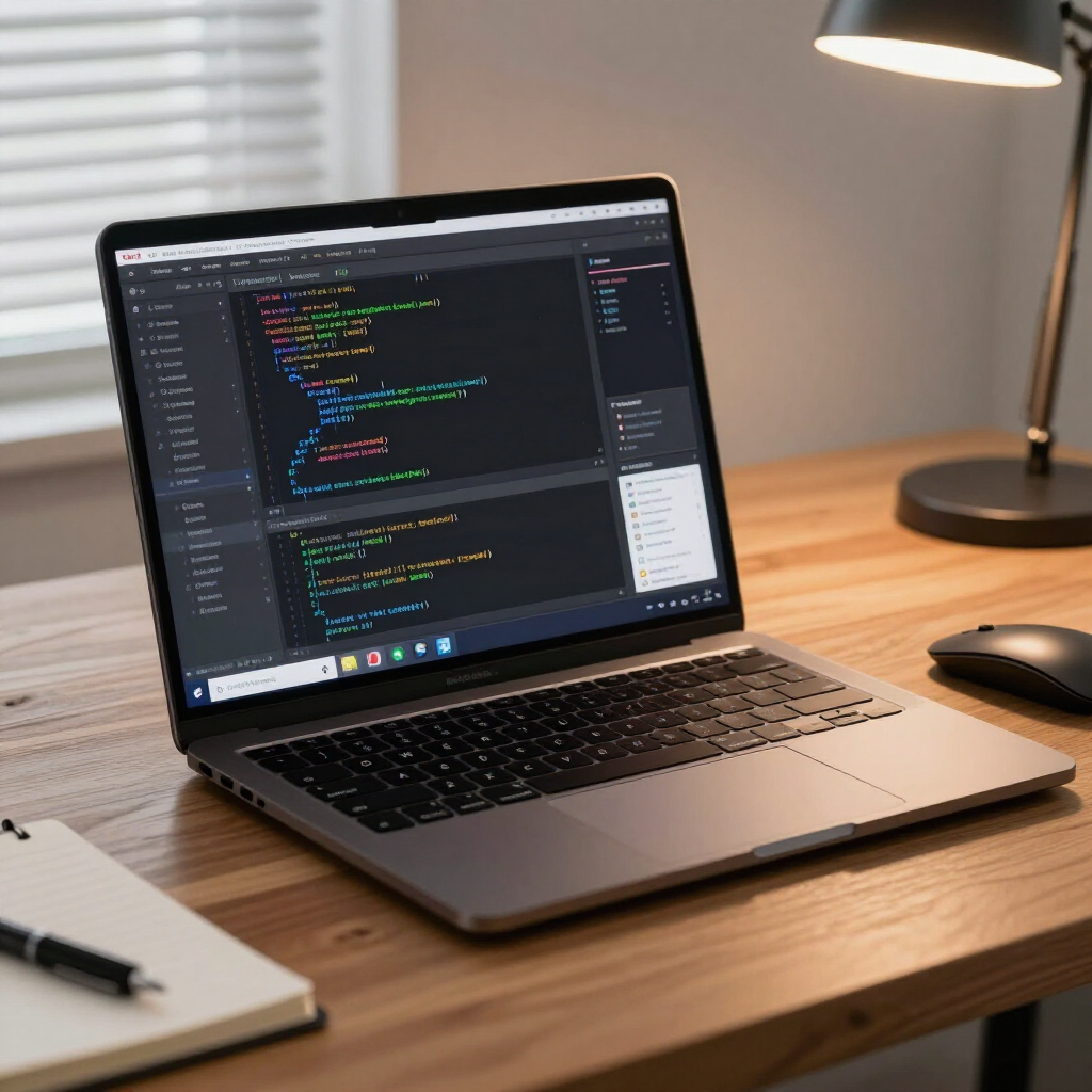Laptop with coding editor open on a wooden desk beside a lamp and notebook